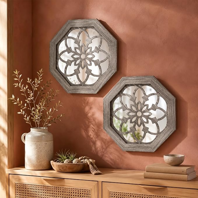 2 Pack 12 Inch Octagon Brown Rustic Wood Frame Acrylic Wall Mirrors, Farmhouse Boho Wall Art Decor for Living Room, Bedroom, Hallway, Entryway, Bathroom & Office by HMANGE