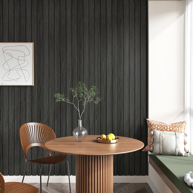 Wood Panels for Wall Decor Self Adhesive Wood Slat Wall Paneling | Peel and Stick Sound Froof Foam Wooden Panels Wallpaper for Interior Walls Bedroom Office Studio Decor 23.6"x118" Grey/Black - Image 3