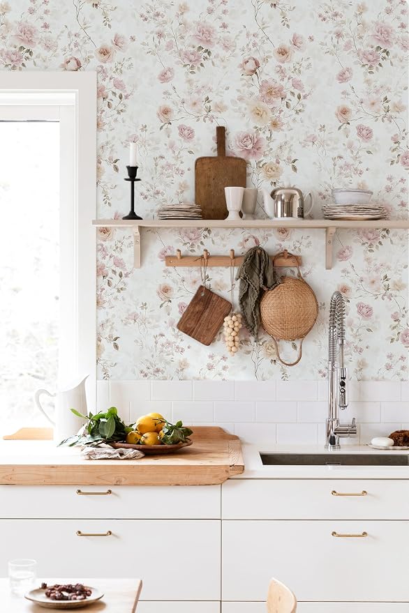 Pink Floral Peel and Stick Wallpaper Rose for Bedroom 17in×118in | Vintage Floral Contact Paper Pink Flower Removable Wallpaper Self Adhesive Waterproof for Bathroom Cabinets Nursery Vinyl - Image 4