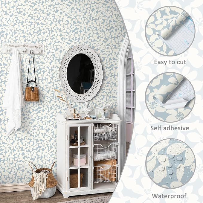 Heroad Floral Peel and Stick Wallpaper Boho Blue and Beige Contact Paper Self-Adhesive Removable Wall Paper for Cabinets Drawers Bedroom Bathroom Wall Decor Waterproof Vinyl Roll 17.3''x78.7'' - Image 9
