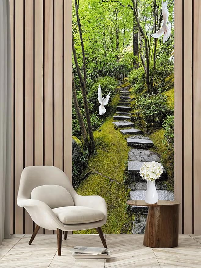 artfanke 3D Peel and Stick Door Sticker 33.5"x84.6"- Self-Adhesive Door Wallpaper Murals Decal Wall Poster-Pigeon Green Forest Landscape for Home Decor (2 Sheets/Set) - Image 2