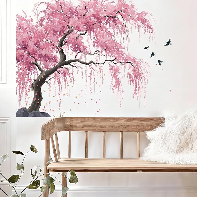Cherry Blossom Tree Wall Decals Stickers, Watercolor Floral Wall Art Peel and Stick, Removable Vinyl Wall Decor for Bedroom, Living Room, Office, Home Decoration - Image 9