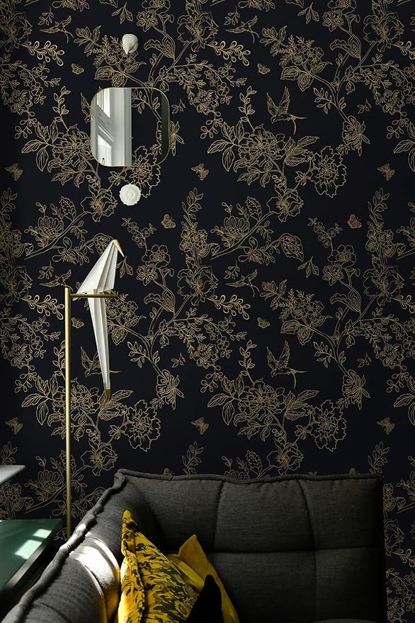 Froluya Black Gold Floral Wallpaper Peel and Stick Wallpaper 17.7in×118.1in | Dark Floral Contact Paper Peel and Stick Vintage Boho Birds Removable Self Adhesive Wallpaper for Bathroom Cabinets Vinyl - Image 2
