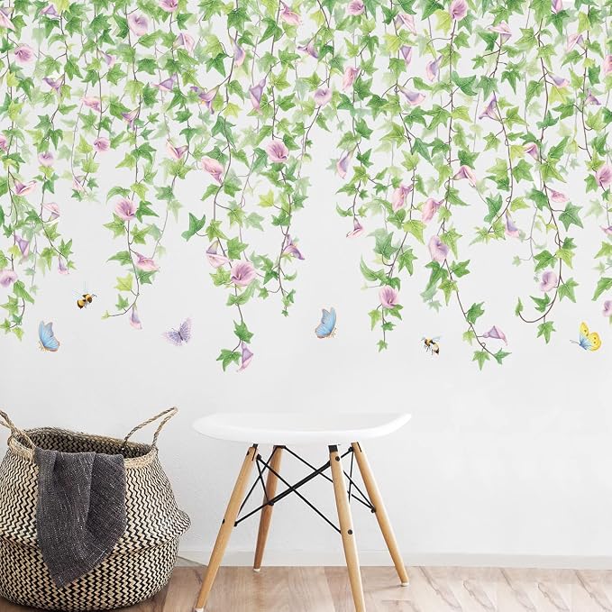 2 PCS Morning Glories Vine Wall Decals Purple Flowers Wall Stickers Green Leaves Wall Decal DIY Removable Butterfly Bee Art Murals Wallpaper for Girls Bedroom Living Room Offices Classroom Home Decor - Image 7