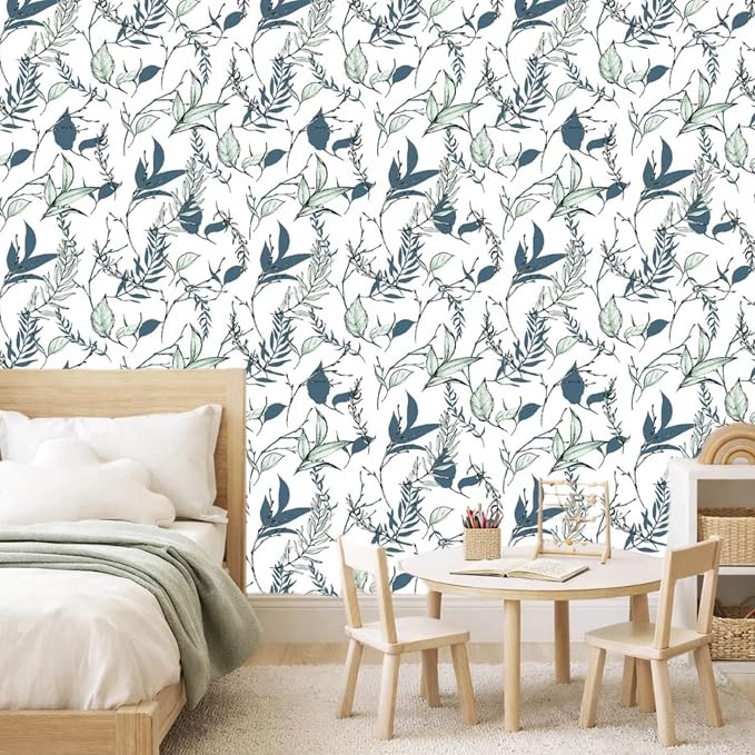 Sage Green and Blue Leaf Peel and Stick Wallpaper 17.7in x 213in | Modern self-adhesive removable self adhesive waterproof wall covering for bathroom and accent walls - Image 2