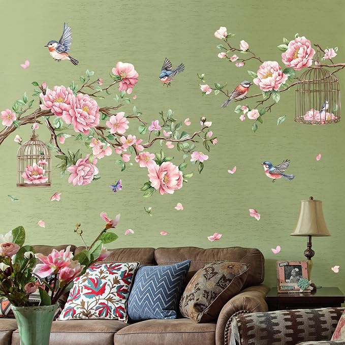 Removable Large Flowers with Tree Branches Wall Stickers – DIY Peony Floral Birds Wall Decals, Peel and Stick Leaves & Birdcage Wall Decor for Kids Girls Bedroom, Nursery, Living Room, Classroom - Image 4