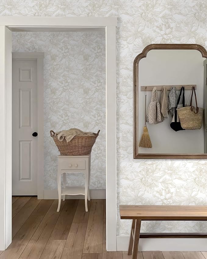 Ismoon Large Floral Peel and Stick Wallpaper Boho Beige Contact Paper 17.3inx6.5ft Neutral Wall Paper Removable Self Adhesive Wallpaper Bedroom Cabinet Bathroom Waterproof Mural Wall Decor Vinyl Roll - Image 5