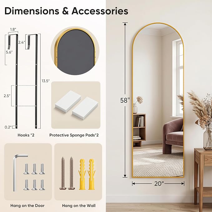 58"x20" Over The Door Mirror, Arched Full Length Mirror, Gold - Image 2