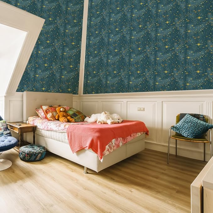 Navy Peel and Stick Wallpaper Gold Star Self Adhesive Contact Paper Sticker | Removable vinyl film, golden star wall stickers, retro starburst ceiling decor, art murals, for cabinets bedroom living room - Image 8
