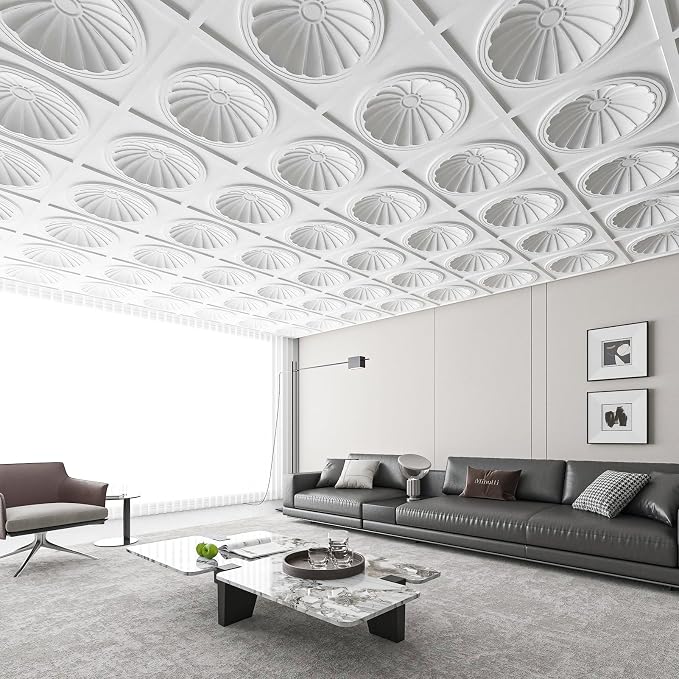 Art3dwallpanels Ceiling Tiles 12 Pack, 24 x 24 Inch, White | 3D Recessed Circle PVC Ceiling Panels, Fireproof Waterproof Light Tiles, 12 Pack 24"×24" Drop In Ceiling Decoration - Image 7
