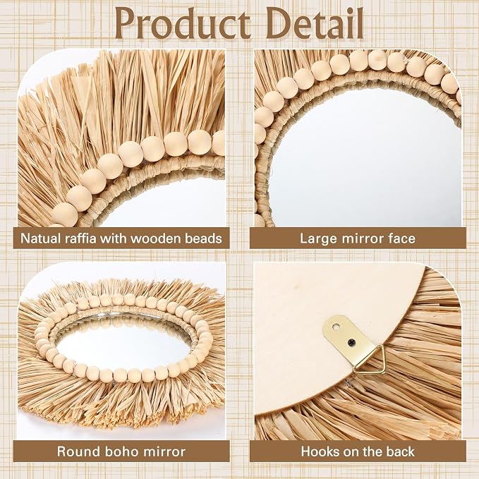 3 Pcs Boho Raffia Round Mirror Wall Hanging Decor with Wood Bead - Image 3