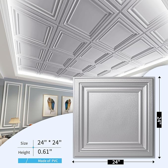 Art3d Paintable 3D Ceiling Tiles, 2 x 2 ft, 13-Pack, Argent Silver | Lightweight, Waterproof, No Sag and Breakage, Compatible with Grid System, Perfect for Basement, Kitchen - Image 4