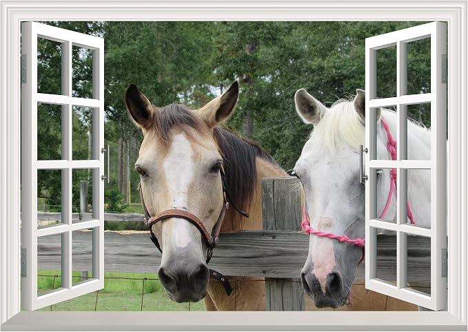 FLFK Fake Window Wall Sticker - Horse Faux Window Wall Mural for Wall Decor, Stick and Peel Wall Decals,48"x32",Set of 2 Sheets by FLFK