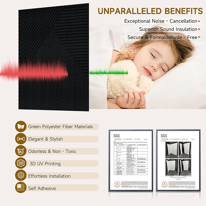 Acoustic Wall Panels,6 Pack,23.6"x23.6" Soundproof Panels,Black | Self-Adhesive Acoustic Panels,3D UV Printing with Wood Print,High-Density 100% Polyester,Decorative Sound Absorbing Wall Art - Image 3