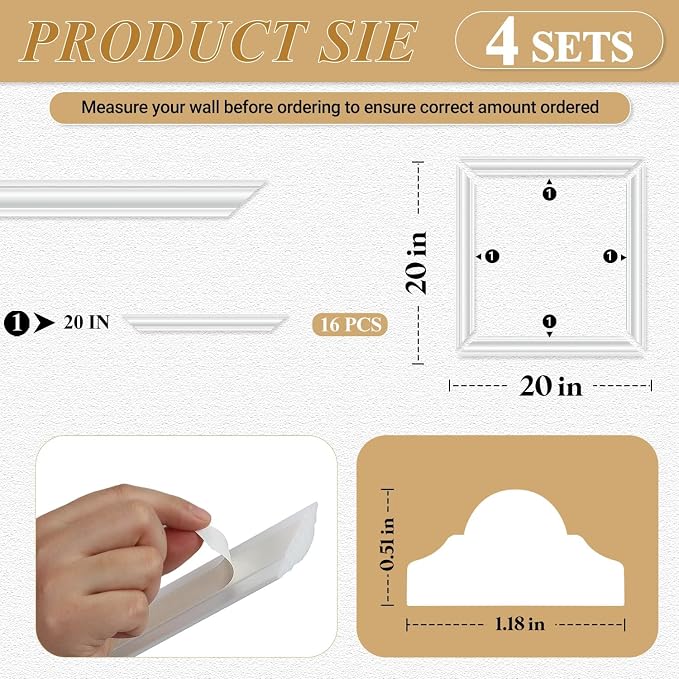 4 Set Peel and Stick Wall Molding Trim Kit, Premade Wainscoting Panels, White Pre Cut Wall Panels for Interior Wall Decor, DIY Home Decoration Picture Frame (20 x 20 Inch) - Image 2