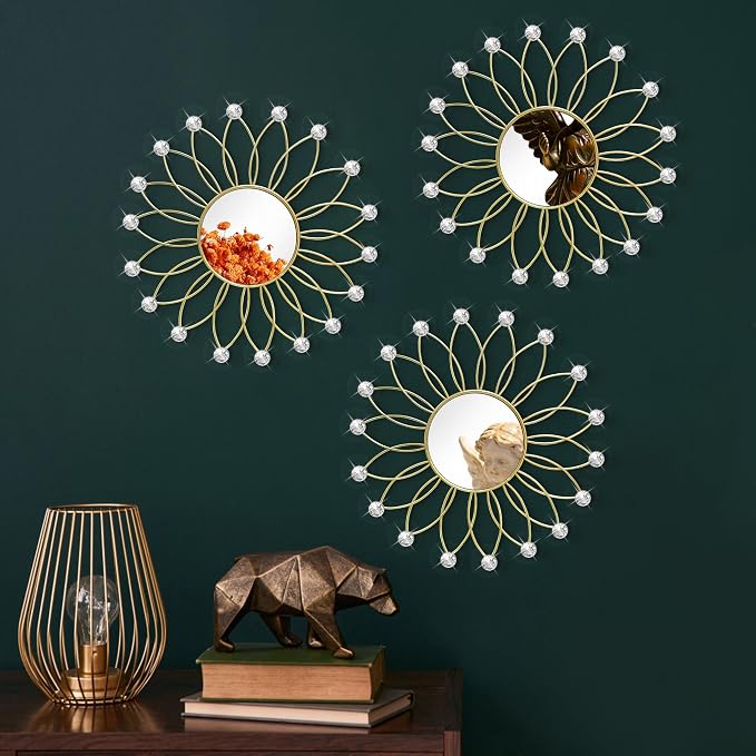 3 Pack Metal Mirrors for Wall Sunburst Wall Mirrors Home Décor Decorative Hanging Wall Art for Living Room Bedroom Entryway (Gold2 Crystal, Flowers) - Image 7