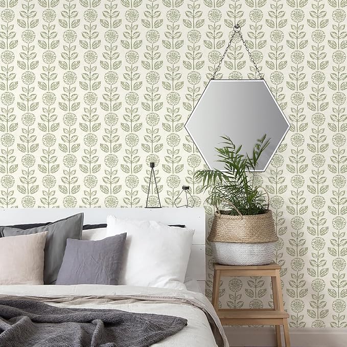 Wudnaye Floral Wallpaper Peel and Stick Boho Contact Paper 17.7in×196.8in | Vintage Floral Peel and Stick Wallpaper Boho Self Adhesive Wall Paper Beige Green Waterproof Removable Wallpaper for Bathroom - Image 8