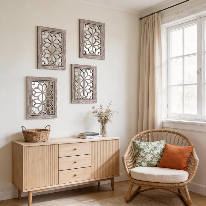 Set of 2 13x17 Inch Rectangular Shatterproof Decorative Wall Mirrors, Boho Farmhouse Rustic Vintage Grey Accent Mirrors for Living Room, Bedroom, Entryway & Home Wall Decor（Brown） - Image 7
