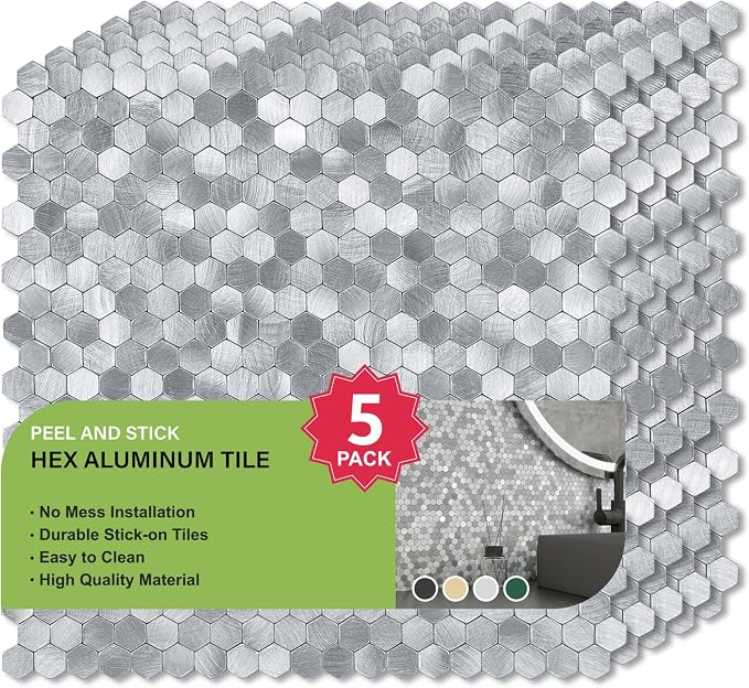 Select 5 Pack Hexagon Peel and Stick Backsplash Tiles, Brushed Nickel | Self Adhesive Metal Backsplash Stick On Aluminum Tiles for Kitchen Bathroom, 12” x 12” Wall Tiles w/10 Edge Pieces - Image 5