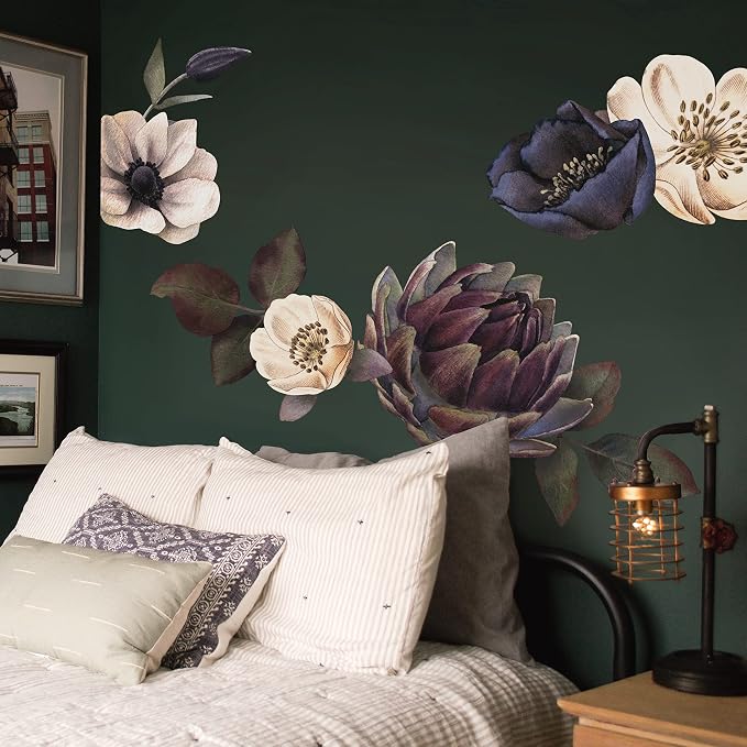 Peel and Stick Floral Wall Decals DIY for Bedroom Living Room | Large Dark Moody 8 Flowers Fabric Wall Stickers, Self-Adhesive Freestyle Layout, Largest 15.35"x28.35" Peony Rose by Flortlias