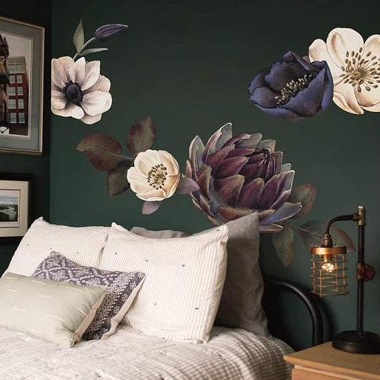 Peel and Stick Floral Wall Decals DIY for Bedroom Living Room | Large Dark Moody 8 Flowers Fabric Wall Stickers, Self-Adhesive Freestyle Layout, Largest 15.35"x28.35" Peony Rose by Flortlias