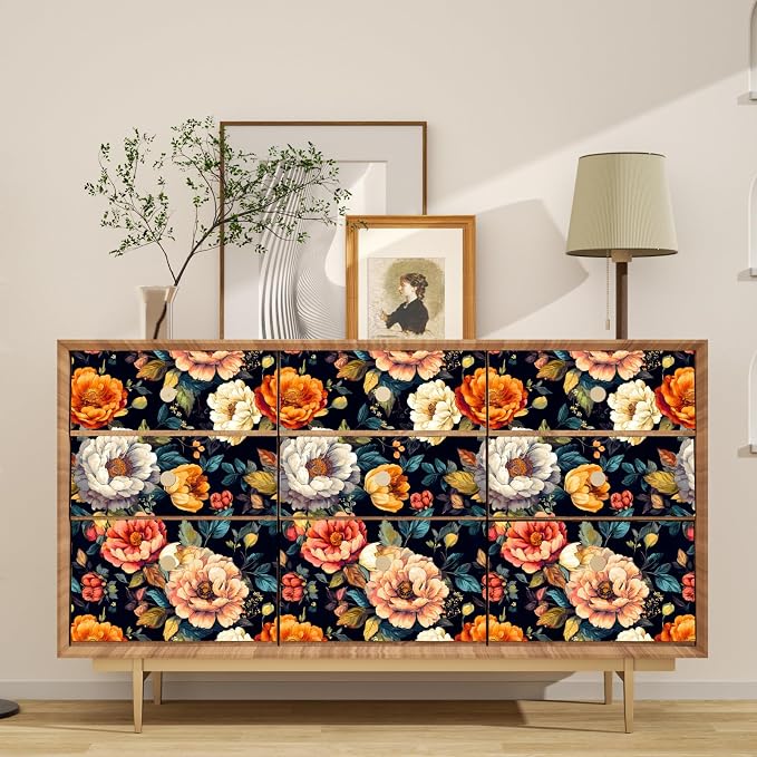 BOKEBEVE Floral Wallpaper Peel and Stick Boho Colorful Black 17.5 x 393.5In | Extra Long Removable Renter Friendly Vintage Floral Wall Paper for Bedroom Bathroom Cabinet Drawer Feature Accent Wall - Image 5