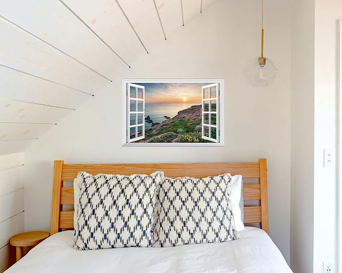 FLFK Fake Window Wall Sticker - Sunset Over the Sea Faux Window Wall Mural for Wall Decor, Stick and Peel Wall Decals,24"x16" - Image 5