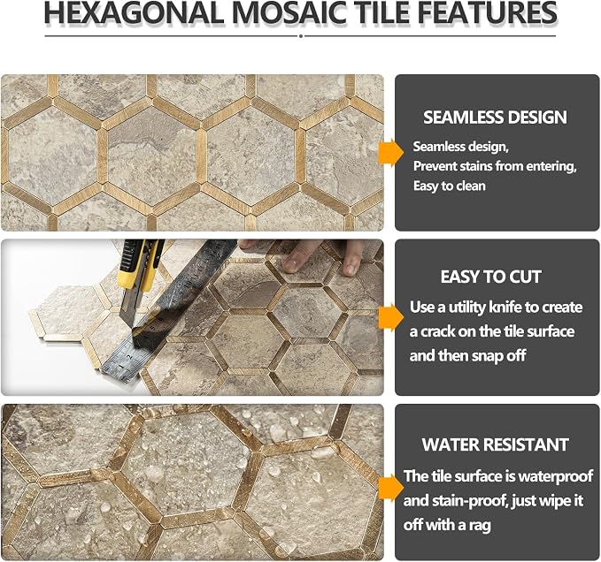 STICKGOO Hexagon Peel and Stick Backsplash Tile, Stick on Backsplash for Kitchen and Bathroom, Stone Beige PVC Mixed Metal Gold Self Adhesive Wall Tiles(10 Sheets, Seamless) - Image 3