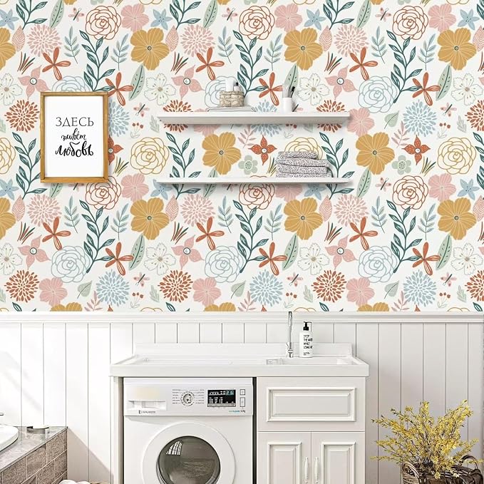 WENMER Floral Peel and Stick Wallpaper 17.71”×590”Boho Floral Wallpaper Pink Floral Contact Paper Self Adhesive Removable Wallpaper for Bathroom Cabinet Decorative - Image 3