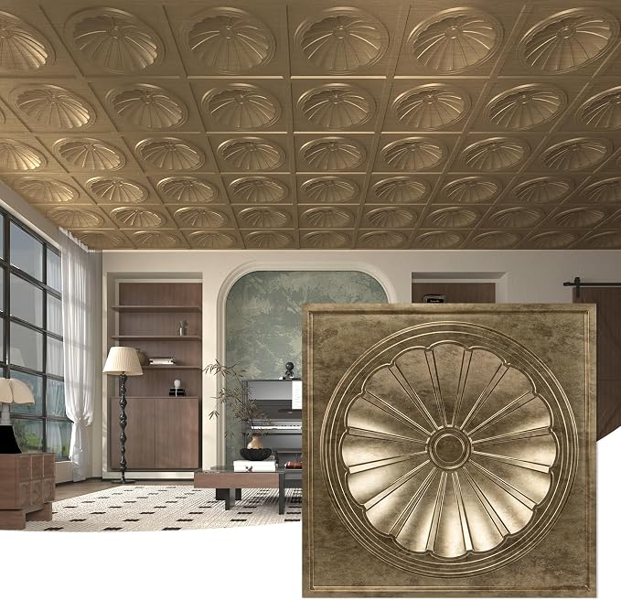 Art3dwallpanels Ceiling Tiles, 24 x 24 Inch, Antique Gold, 12 Pack | 3D Recessed Circle PVC Ceiling Panels, Fireproof Waterproof Light Tiles, 12 Pack 24"×24" Drop In Ceiling Decoration by Art3dwallpanels