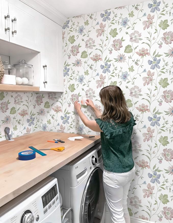Heroad Floral Peel Stick Wallpaper Vintage Cottage Contact Paper Farmhouse | Boho Stick on Wall Paper,Removable Wallpaper for Bathroom Bedroom Cabinets,Self-Adhesive Wildflower Decor Vinyl 17.3''x196'' - Image 4