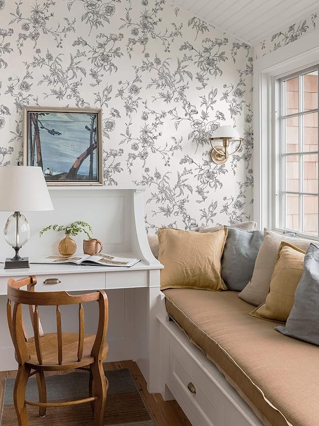 Ismoon Peel and Stick Wallpaper Floral Vintage Stick on Wall Paper Black and White Contact Paper for Cabinet French Textured Removable Self Adhesive Wallpaper Vinyl for Bedroom Wall Deco 17.3 x 78.7in - Image 9