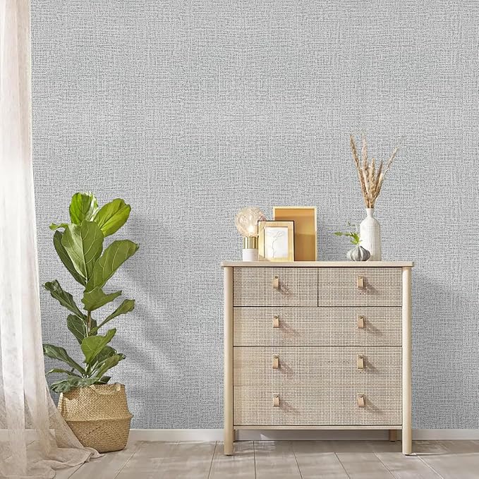 Grey Grasscloth Peel and Stick Wallpaper Fabric Paper 17.7in x 197in | Faux Linen Vintage Wallpaper Textured Removable Wall Paper Grass Cloth Cabinets Bedroom for Cabinet Self Adhesive Vinyl - Image 6