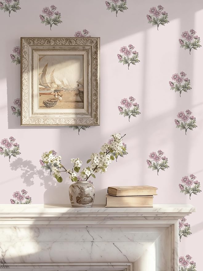 Toduso Peel and Stick Wallpaper Pink Floral Wall Paper Vintage Contact Paper for Girls Bedroom Flower Self-Adhesive Waterproof Wallpaper for Bathroom Farmhouse Cabinets 17.3''x196.8'' by Toduso