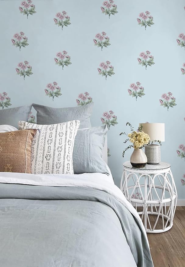 Toduso Peel and Stick Wallpaper Blue Wallpaper with Pink Floral Vintage Contact Paper Flower Removable Self Adhesive Waterproof Wall Paper for Farmhouse Bedroom Bathroom Living Room 17.3''x196.8'' - Image 5