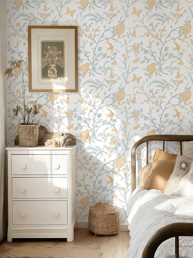 Yellow Wallpaper Floral Peel and Stick Wallpaper Boho Light Blue and Yellow Wall Paper Bird Botanical Contact Paper for Cabinets Renter Friendly Self-Adhesive Bathroom Bedroom 78.7"×17.3" - Image 4