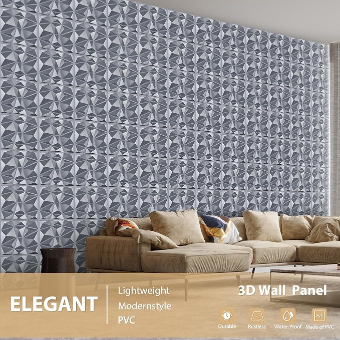 Heikki 30 Pack 3D Wall Panel for Interior Wall Décor, PVC Flower Textured Wall Panels for Living Room Bedroom Hotel Office, 11.8"x11.8", Double-Sided Tape (Gray-XLZ) - Image 2
