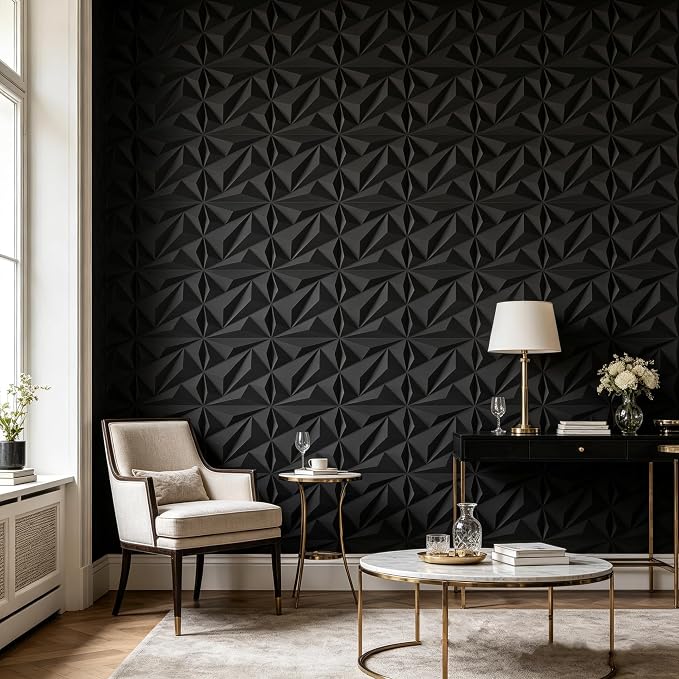 3D Wall Panels 33 Pack, 12×12 Inch Black Diamond Textured PVC Wall Panels, 32 Sq.Ft Coverage, Modern 3D Decorative Wall Tiles, Interior Accent Wall Panels for Living Room, Bedroom,Office, Hotel - Image 3