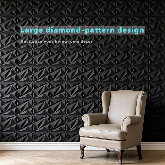 3D Wall Panels 33 Pack, 12×12 Inch Black Diamond Textured PVC Wall Panels, 32 Sq.Ft Coverage, Modern 3D Decorative Wall Tiles, Interior Accent Wall Panels for Living Room, Bedroom,Office, Hotel - Image 4