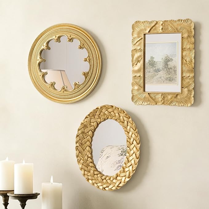 AELS 3 Pack Small Antique Gold Mirror Wall Decor, Wall Hanging Mirror Decor, Luxury Home Decor, Vintage Wall Mirror Set of 3, Small Decorative Mirrors for Living Room Entryway Bedroom by AELS