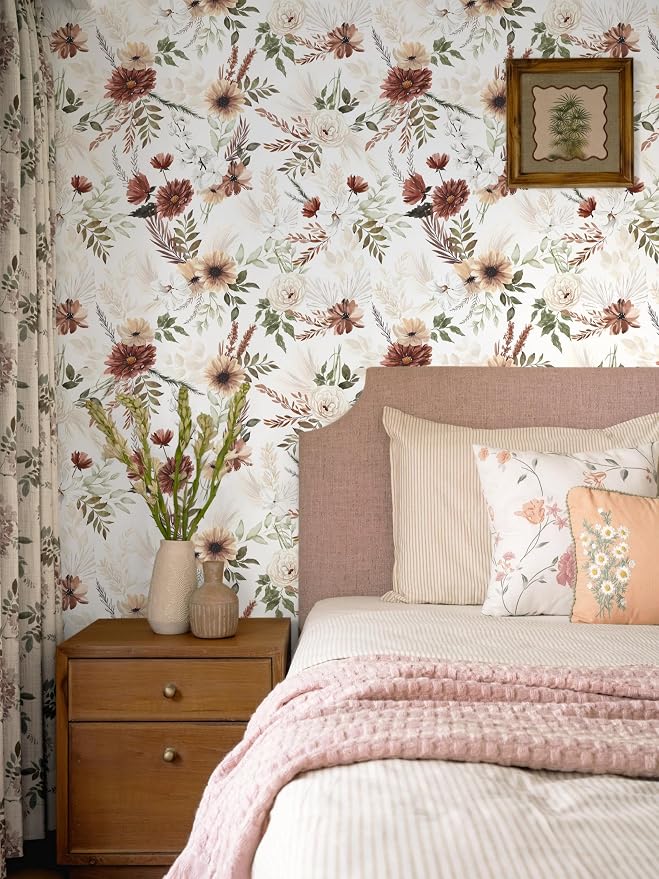 Dimoon 17.3''x197'' Floral Peel and Stick Wallpaper Vintage Beige Antique Contact Paper Bathroom Village Country Cottage Wallpaper Farmhouse Renter Friendly Geometry Waterproof Kitchen Bedroom Vinyl - Image 2