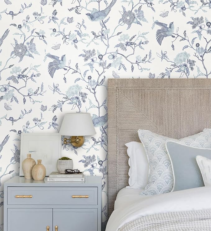 Timeet Peel and Stick Wallpaper Vintage Floral Contact Paper Blue and White Birds Wallpaper Removable Self Adhesive Flower Wall Paper for Bedroom Living Room 16.14"x393.7" - Image 3