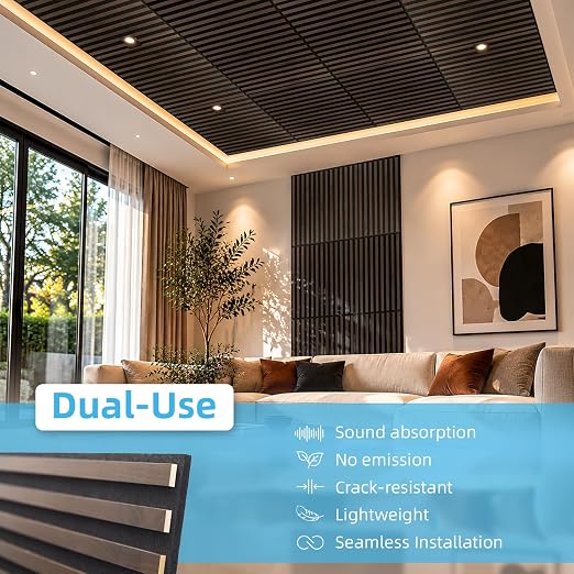 Art3d 6-Pack Acoustic Wood Slat Panel & Ceiling Tile, 2 x 2 ft, Walnut | Crack-Resistant, Scratch-Resistant, Eco-Friendly, Durable, Grid Compatible, Ideal for Living Room, Bedroom & Home DIY Upgrade - Image 5