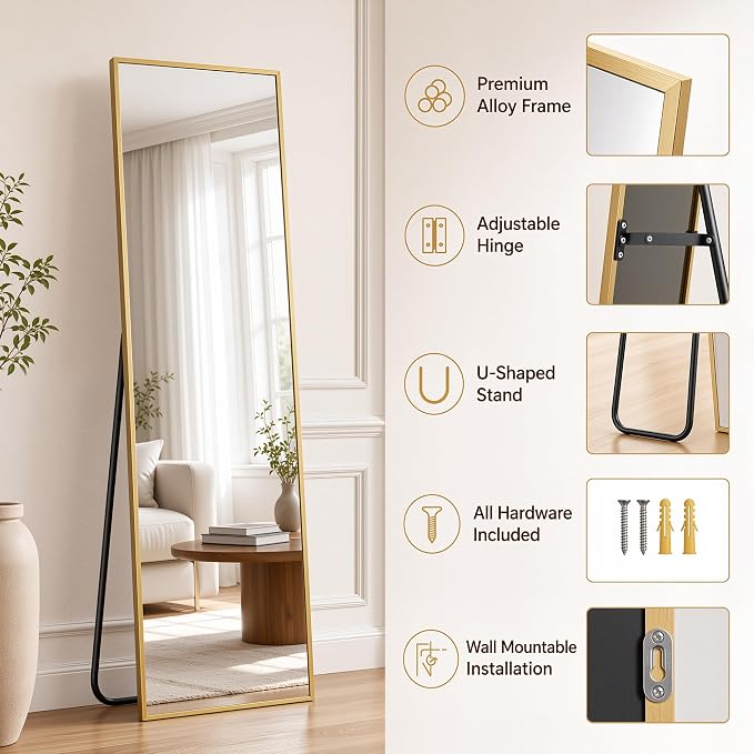 Antok Full Length Mirror, 56"x14" Floor Mirror with Stand, Gold, Rect - Image 3
