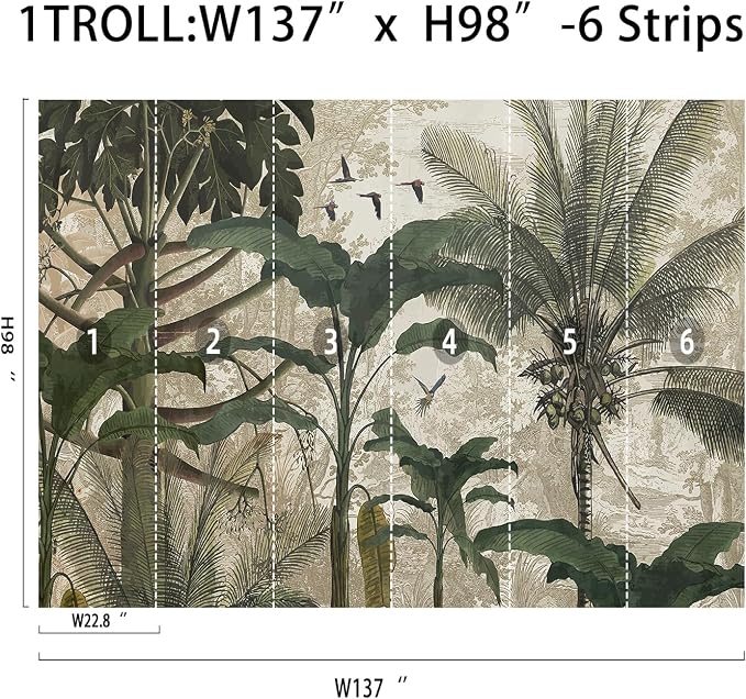 Vintage Tropical Botanical Peel and Stick Wall Mural, Canvas Wallpaper | Large Removable Jungle Mural with Palm Leaves and Birds for Dining Room, Living Room or Accent Wall Decor - Image 7