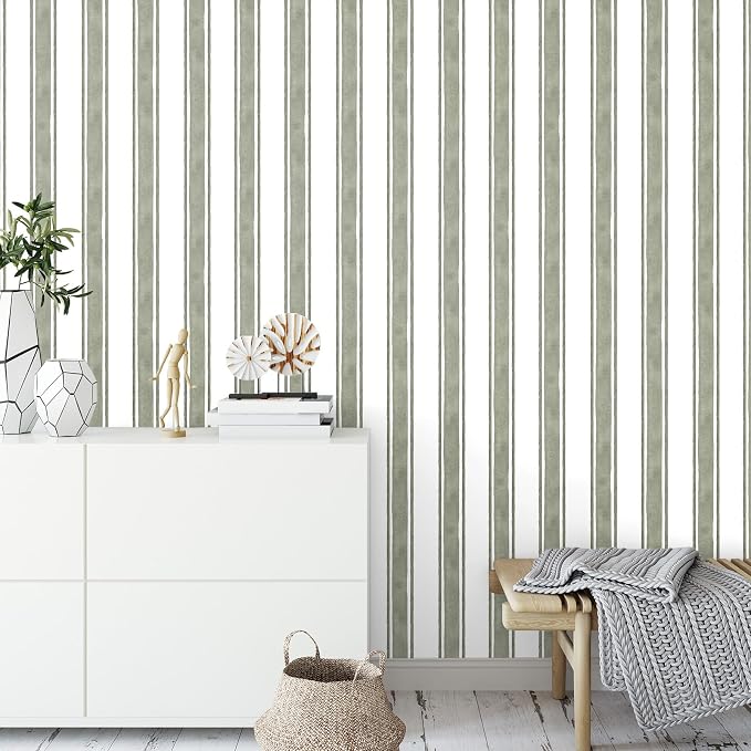 Affrolling Striped Peel and Stick Wallpaper 15.75"x118.11",Sage Green | Watercolor Self Adhesive Contact Paper, Removable for Bedroom Cabinet Furniture, Cute Decor for Nursery Craft Room DIY by Affrolling