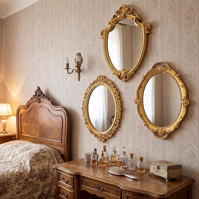 Beeveer 3 Style Vintage Mirrors Set Decorative Oval Wall Mirror Small Antique Mirrored Tray Decorative Hanging Mirror for Bathroom Bedroom Jewelry Organizer Victorian Decor (Shield,Gold) - Image 4