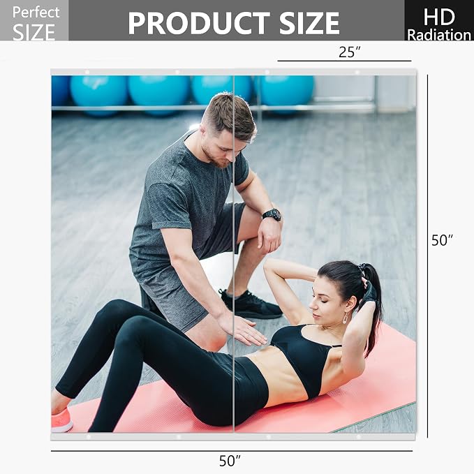 Home Gym Mirror for Wall, 50x25x2PCS Frameless Full Length Mirror, Silver - Image 2