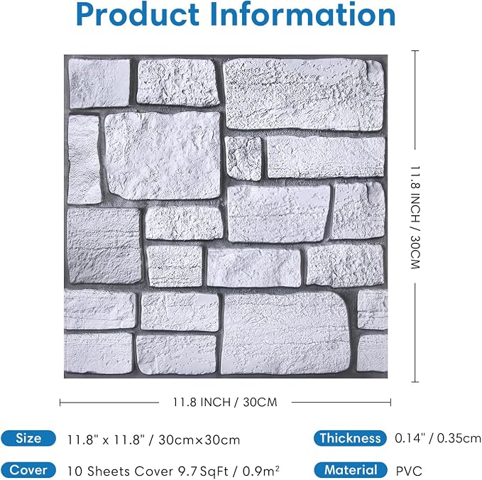 COMSTICKC 3D Faux Stone Wall Panels Peel and Stick, 10 Pcs 11.8" x 11.8" | Not Real Stone Wallpaper, Fake Stone Decorative Tiles Wall Covering for Quick DIY Wall Upgrades, Cover 9.7 sq ft - Image 5
