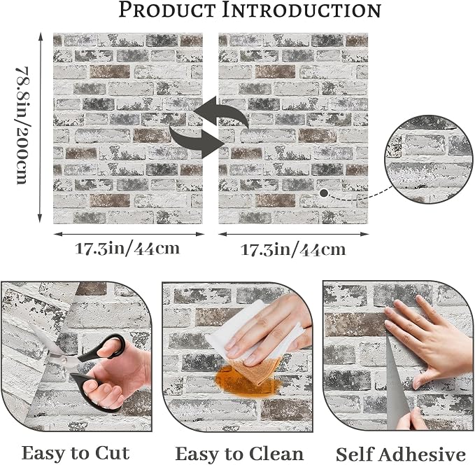 PeonyQueen Brick Peel and Stick Wallpaper 17.3"x78.8" 3D Brick Wallpaper | Self Adhesive Removable Wallpaper Grey and White Textured Vintage Contact Paper for Fireplace Kitchen Home Decoration Vinyl - Image 3
